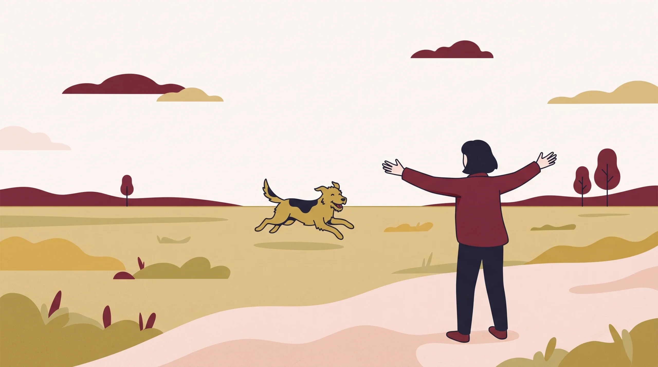 Ilustracja: pies biegnie przez łąkę w stronę stojącej osoby