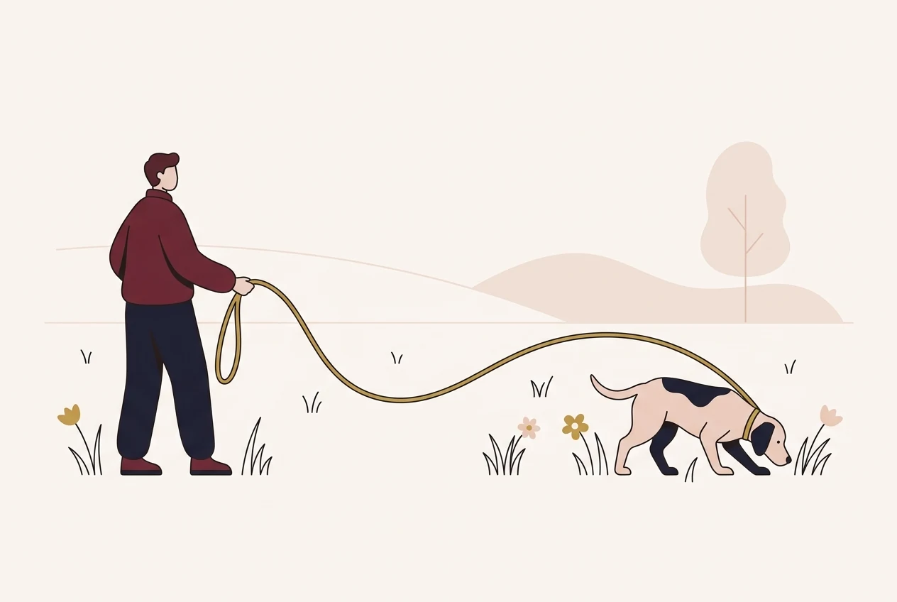 Ilustracja: osoba trzyma długą linkę, pies węszy w oddali na łące