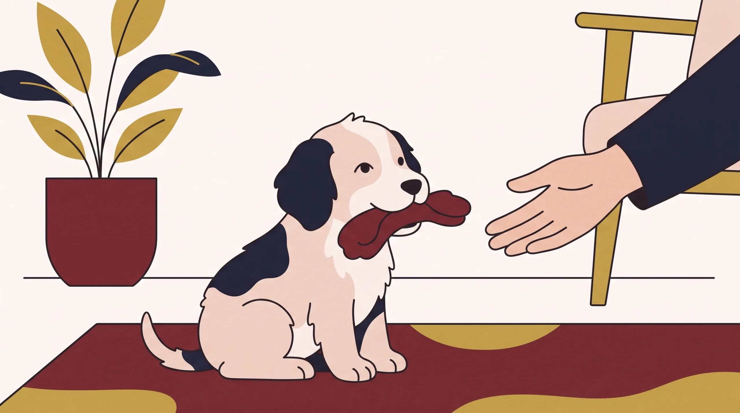 Ilustracja: szczeniak z gryzakiem w pysku, dłoń podaje mu zabawkę