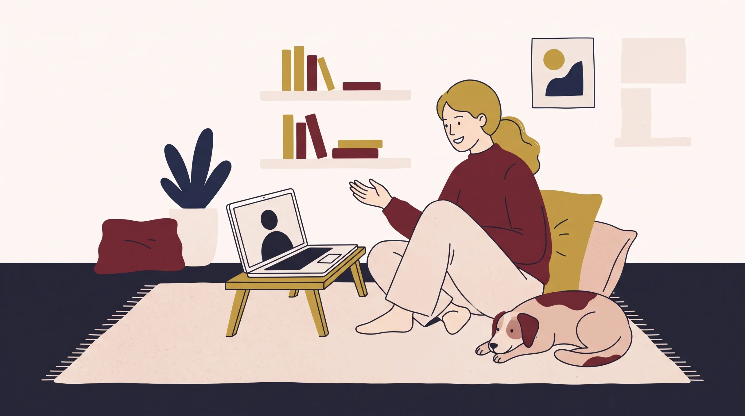 Ilustracja: opiekunka rozmawia przez wideo z behawiorystką, pies leży spokojnie obok na dywanie