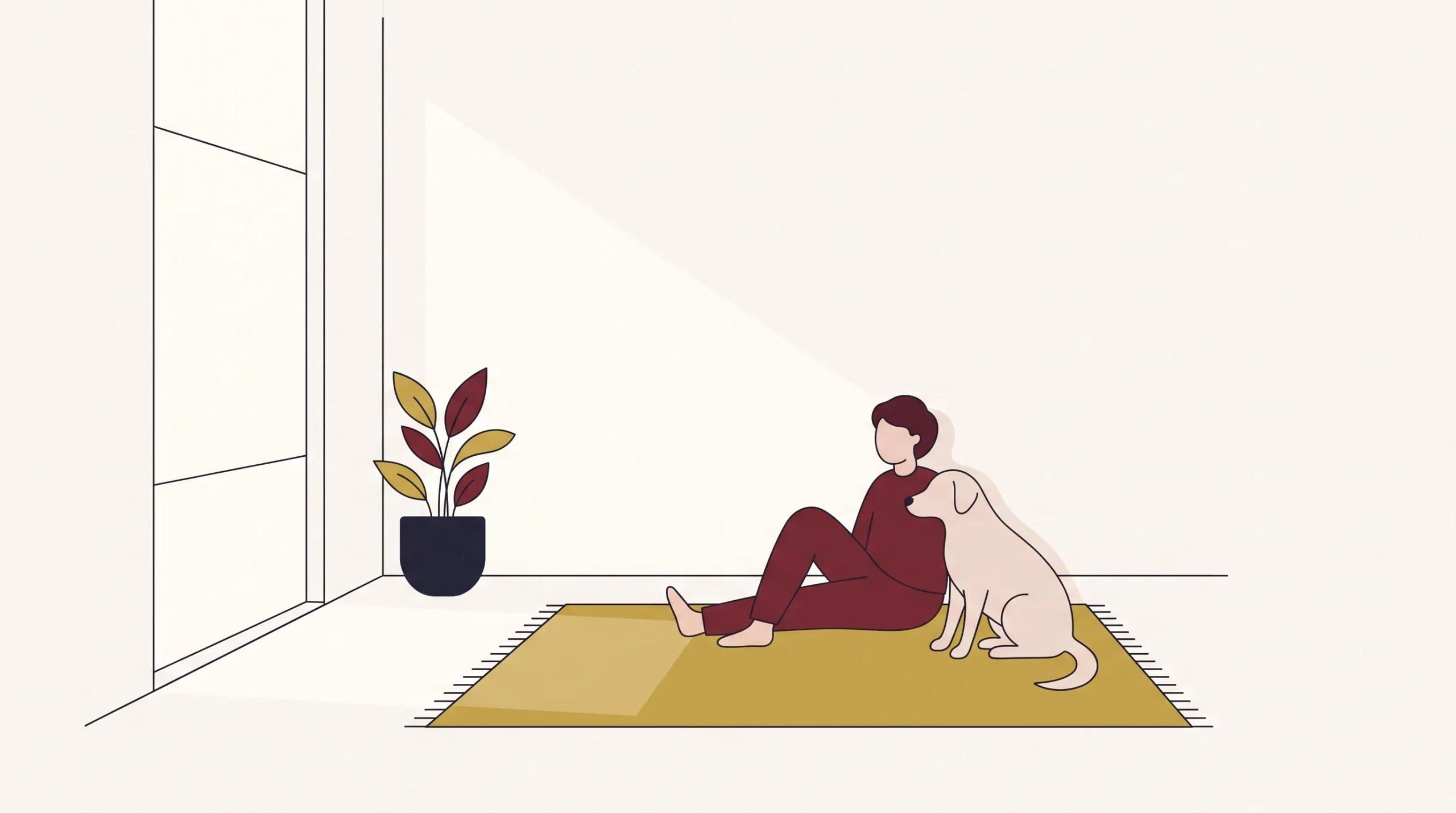 Ilustracja: opiekunka siedzi na podłodze, pies opiera się o nią, oboje spokojni