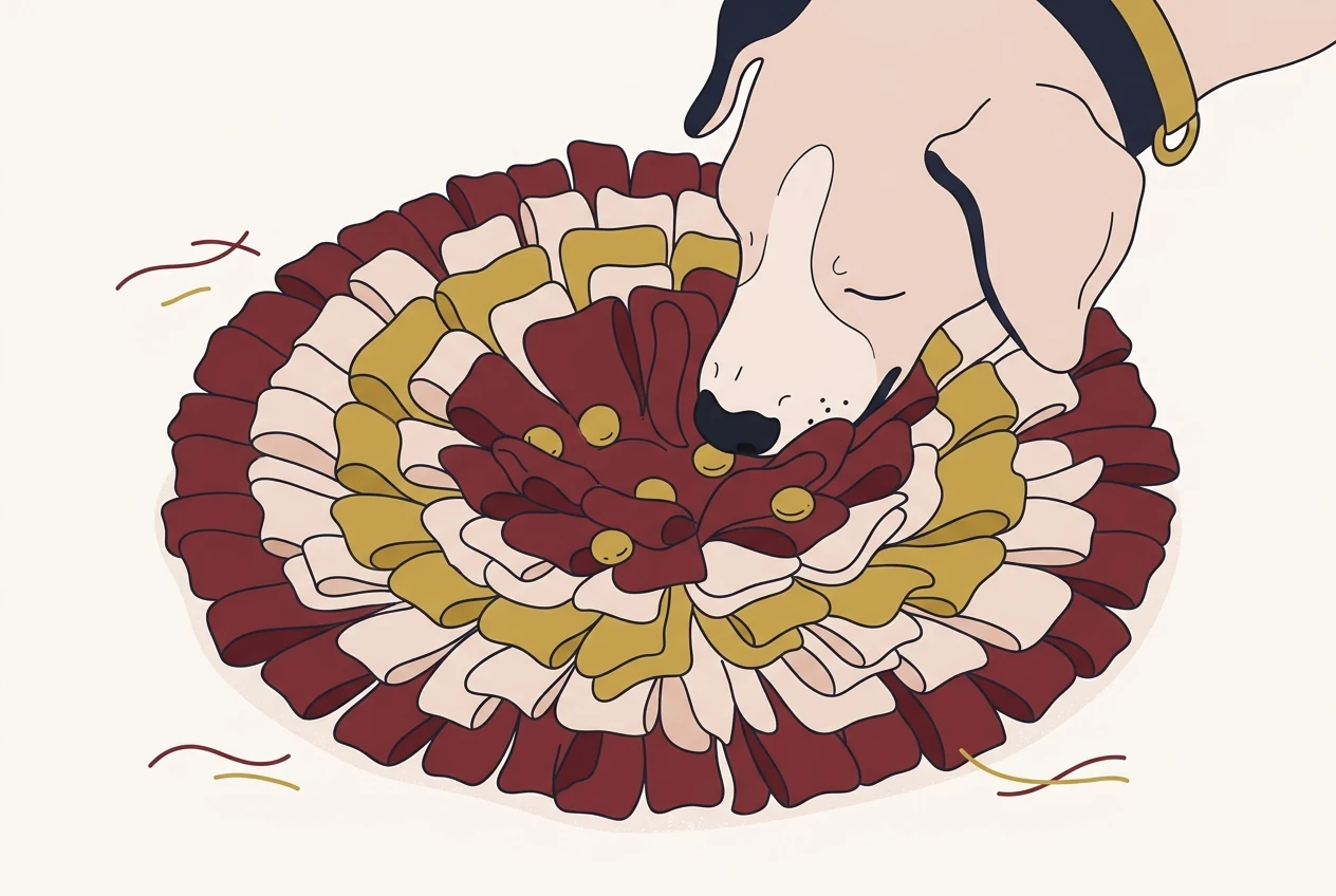 Ilustracja: widok z góry na matę węchową, pies szuka smakołyków między paskami materiału