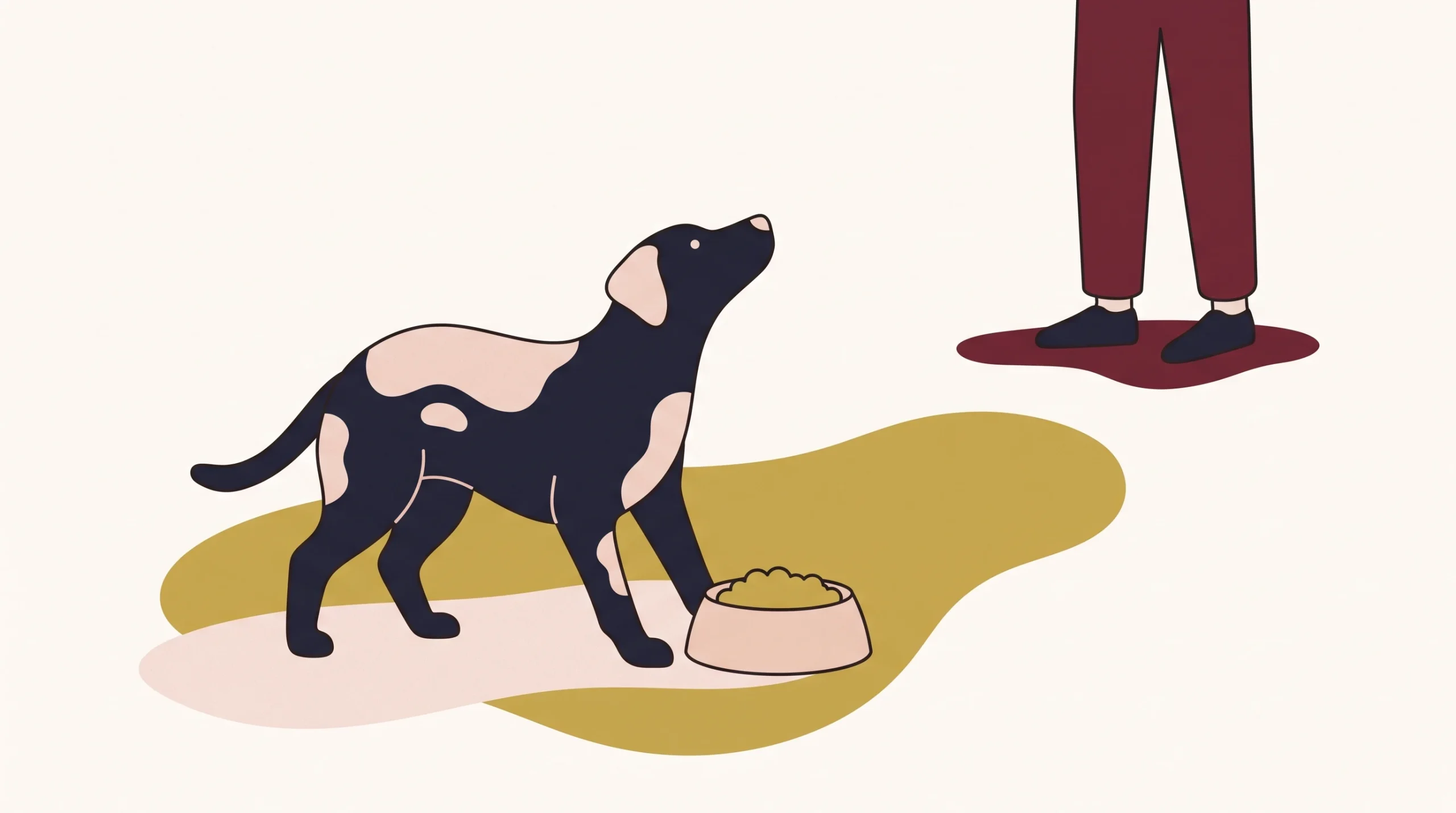 Ilustracja: pies stoi nad miską, osoba zachowuje spokojny dystans