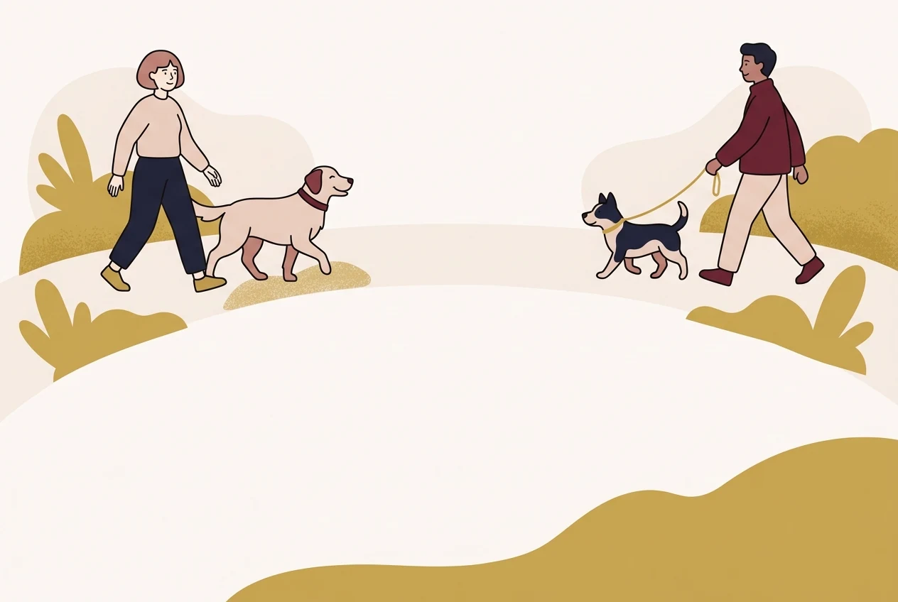 Ilustracja: dwa psy z opiekunami mijają się w bezpiecznym dystansie