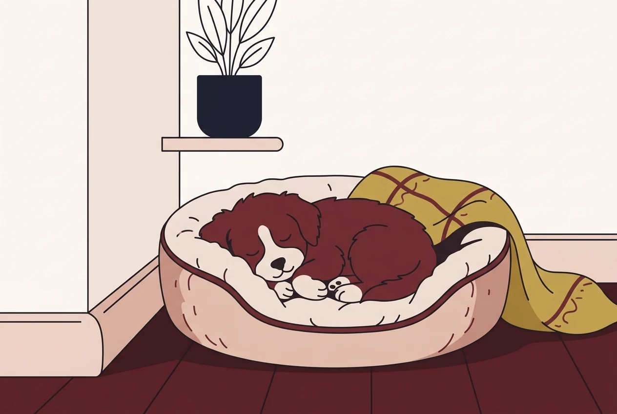 Ilustracja: szczeniak śpi zwinięty w miękkim legowisku w cichym kącie pokoju